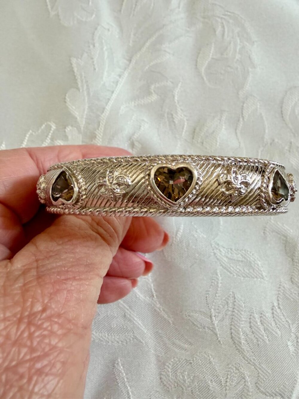 Judith Ripka SS Smoky Quartz Heart Wide Hinged Cuff - AVERAGE